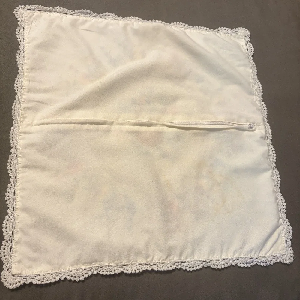 Vintage Pillow Case Handmade Embroidered Cottage Square Lace Accent Throw Zip